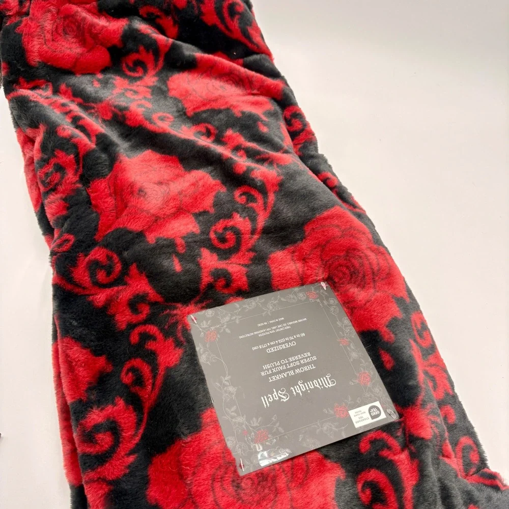 Midnight Spell Red Rose Black Faux Fur Plush Oversized Halloween Throw Blanket